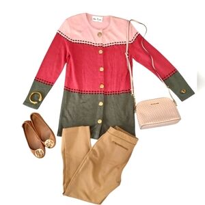 Vintage Knit Cardigan Sweater women Color Block 80s 90s gold buttons